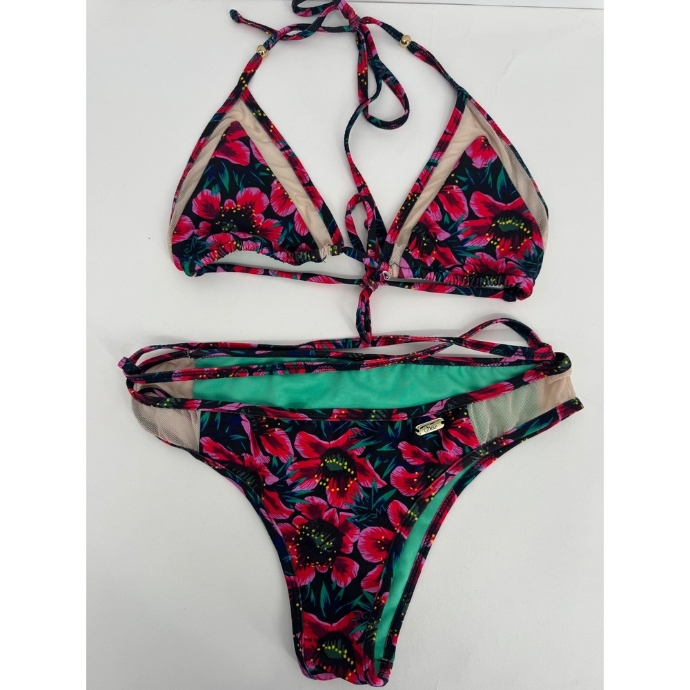 Sese Tropical Floral Bikini Bottom Pink Teal Mesh Cutout Strappy Swimwear‎ Sz M